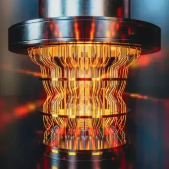 A futuristic glowing orange and yellow light structure with intricate circuit-like patterns, suspended from a metallic black base, reflecting on a glossy surface.