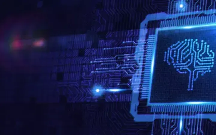 Digital illustration of a computer chip with a brain-shaped circuit pattern, emitting blue light, representing artificial intelligence technology.