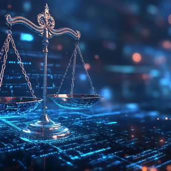 A digital representation of a justice balance scale illuminated with blue and orange lights against a high-tech background of data and circuitry.