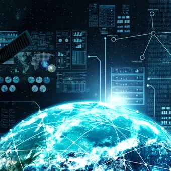 A satellite orbiting Earth with digital data streams and network graphics representing global communication and technology interconnectedness.