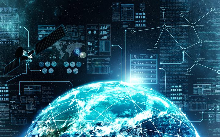 A satellite orbiting Earth with digital data streams and network graphics representing global communication and technology interconnectedness.