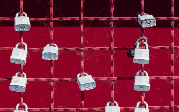 Rete di metallo rossa con lucchetti argentati fissati, sfondo rosso scuro, ragnatele sparse tra le griglie.