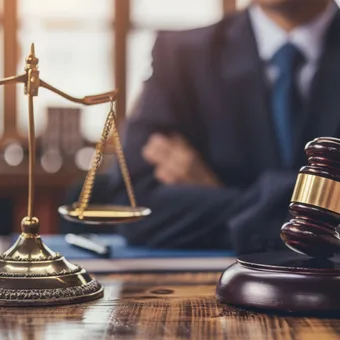 A person in a suit sitting at a table with a gavel and scales of justice in the foreground, symbolising law and legal proceedings.