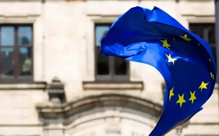 A waving European Union flag with yellow stars against a historic building facade with windows.