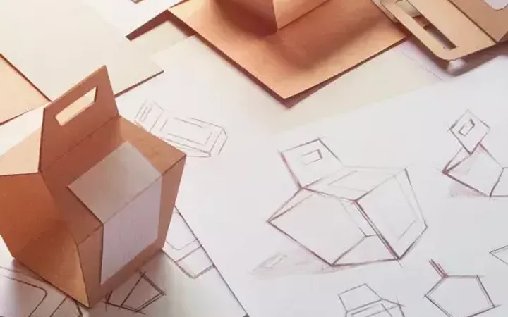 Three small cardboard models of bags and sketches of bag designs are arranged on a workspace with paper templates and drawings.
