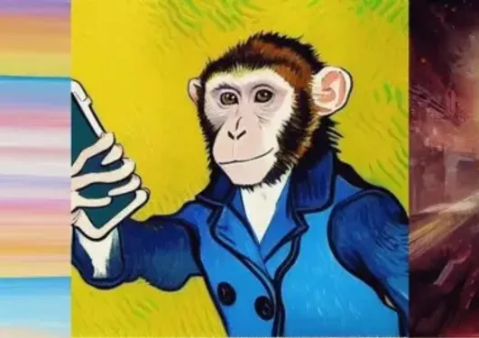 Three-panel digital artwork: a headless business suit against a colourful background, a curious monkey holding a phone in a blue jacket, and a blurred cityscape at night.