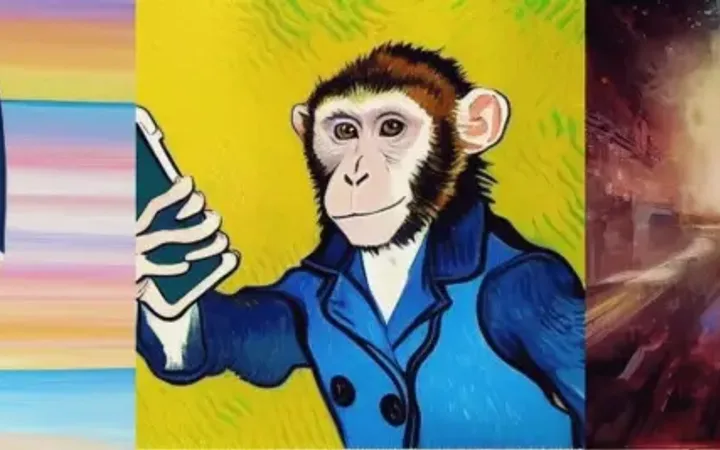 Three-panel digital artwork: a headless business suit against a colourful background, a curious monkey holding a phone in a blue jacket, and a blurred cityscape at night.