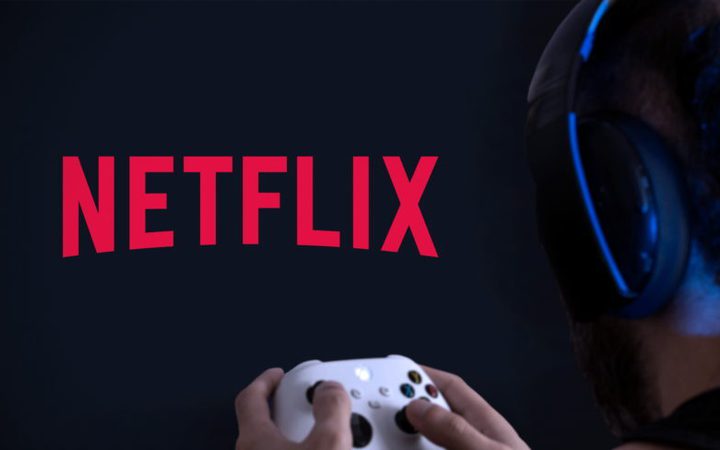Person wearing headphones and holding a game controller, facing a screen with the Netflix logo on a dark background.