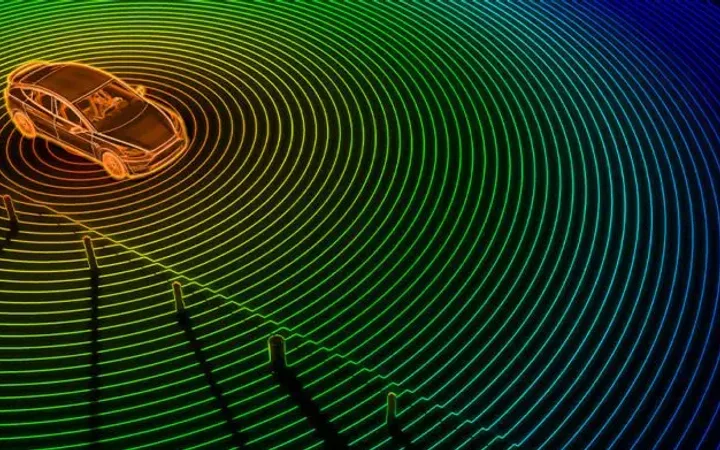 A car surrounded by colorful, concentric wave patterns representing sensors or radar signals in a digital, high-tech style.