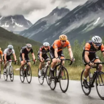 Group of cyclists riding on a mountain road with dramatic peaks and cloudy sky in the background.