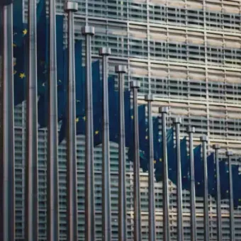 Multiple EU flags hang in front of a modern glass building, reflecting the sky and surrounding structures. The flags are aligned along tall flagpoles.