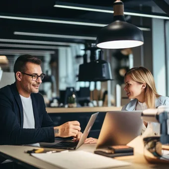 Two colleagues having a discussion at a modern office desk, with laptops and a coffee cup, under large hanging lamps and near windows.