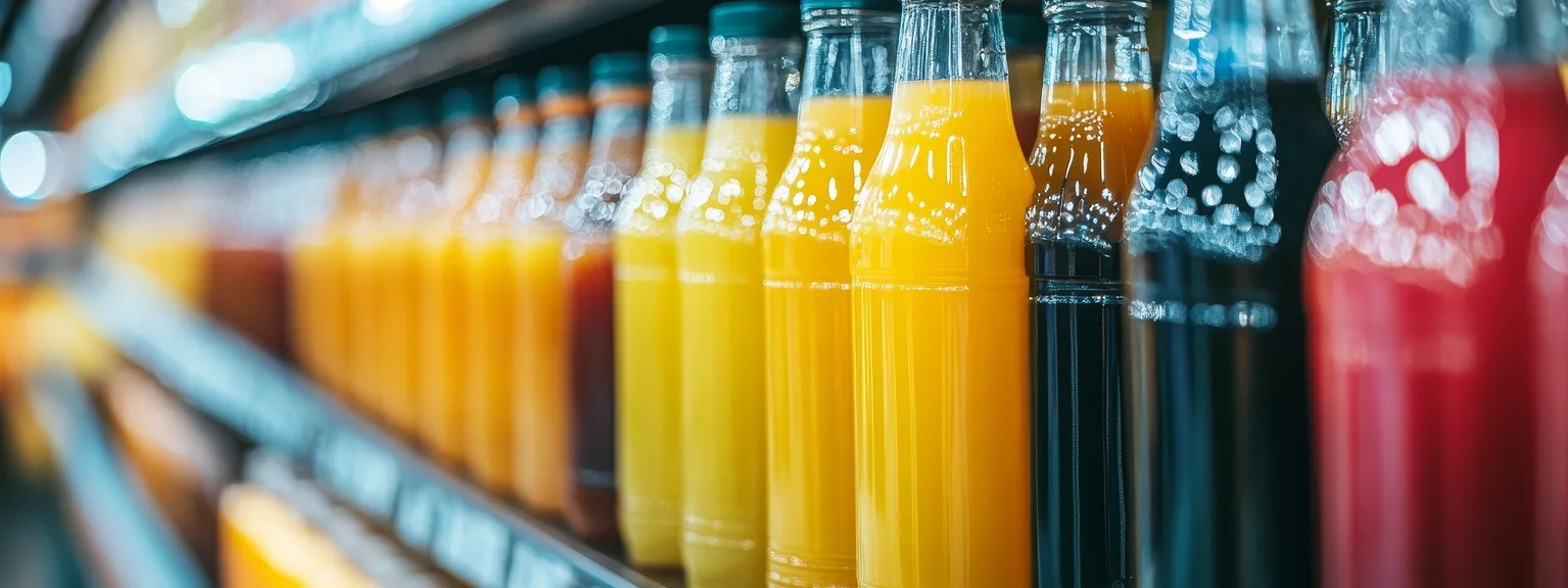 Bottles of orange, red, and yellow juice on store shelves in a supermarket aisle.