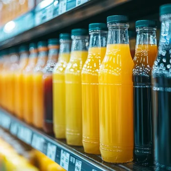 Bottles of orange, red, and yellow juice on store shelves in a supermarket aisle.