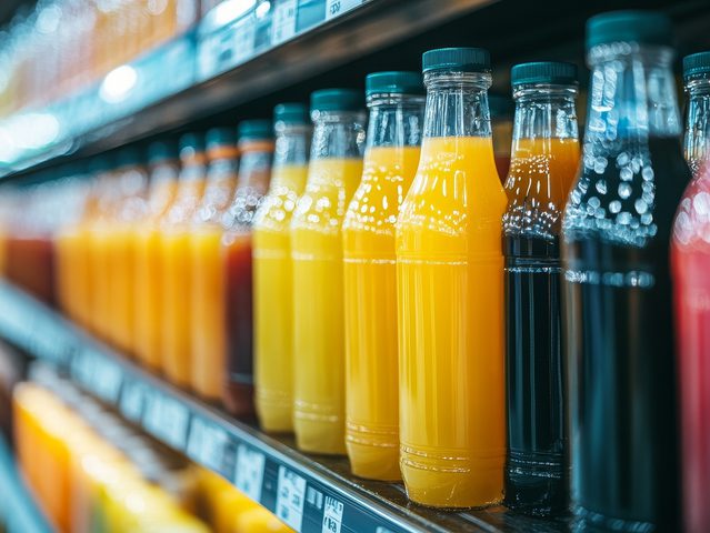 Bottles of orange, red, and yellow juice on store shelves in a supermarket aisle.