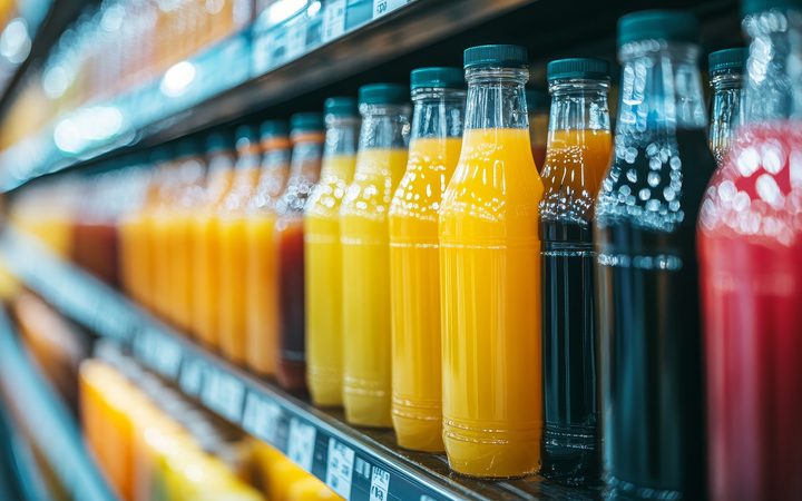 Bottles of orange, red, and yellow juice on store shelves in a supermarket aisle.