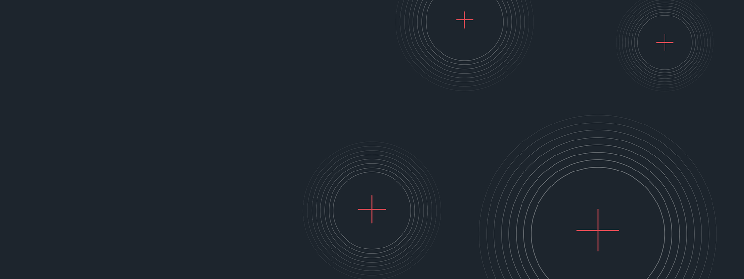 Dark navy background with four groups of light grey concentric circles, each containing a red plus sign at the centre, a decorative geometric pattern.