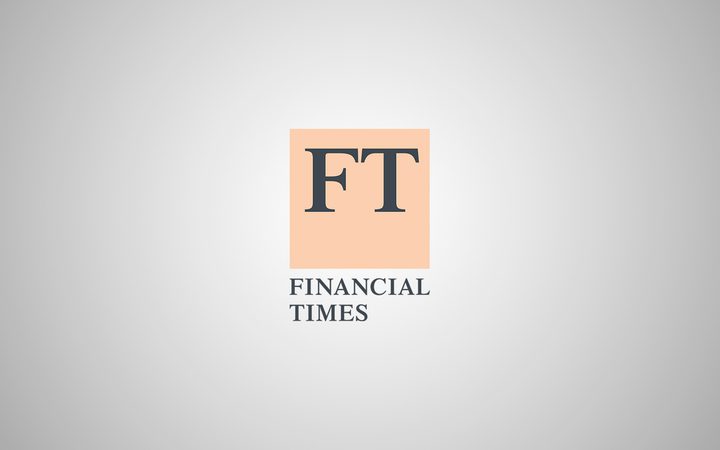 Financial Times logo with a pastel pink square background, featuring black "FT" initials and "FINANCIAL TIMES" text below on a light grey background.