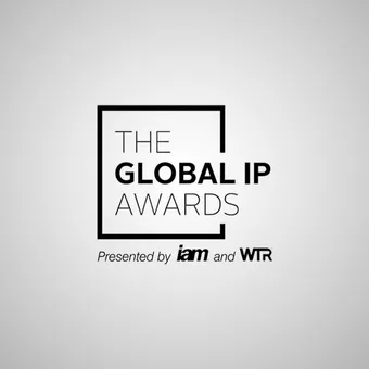 The image displays the logo for The Global IP Awards, presented by IAM and WTR, with a minimalist design on a light grey background.