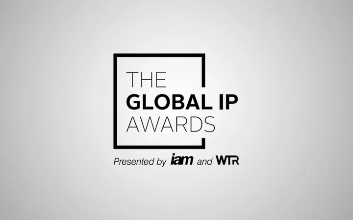 The image displays the logo for The Global IP Awards, presented by IAM and WTR, with a minimalist design on a light grey background.