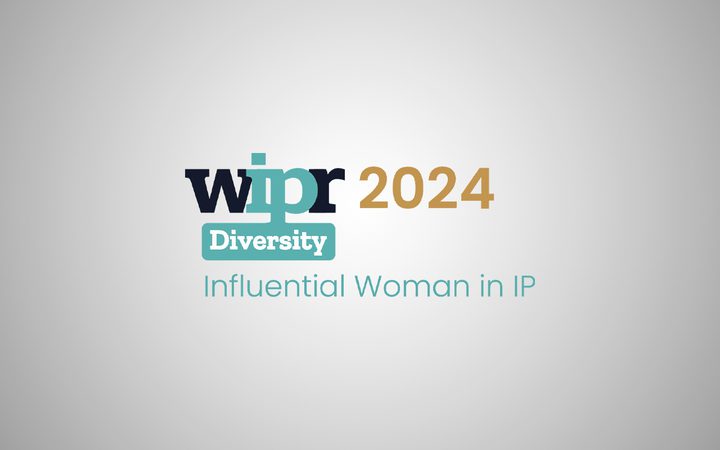 Logo with "WIPR 2024 Diversity Influential Woman in IP" text on a grey background.