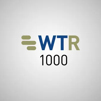 WTR 1000 logo with a grey background, featuring stylised horizontal lines and bold text in navy blue and olive green.