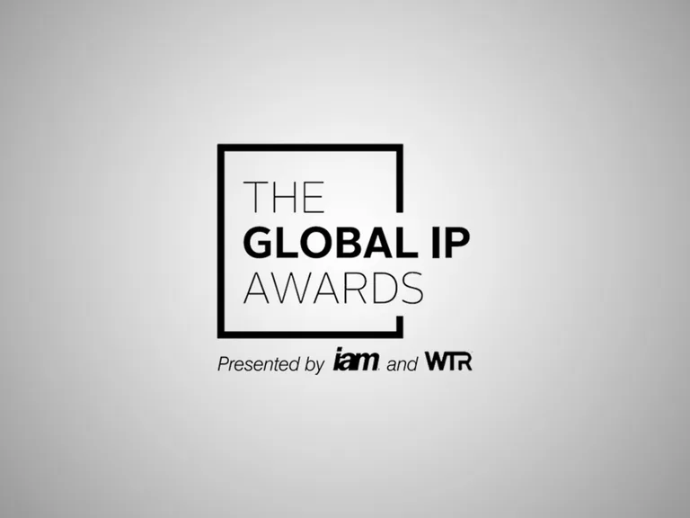 Logo for the Global IP Awards, presented by iam and WTR, with a minimalist black and white design and text within a partial square outline.