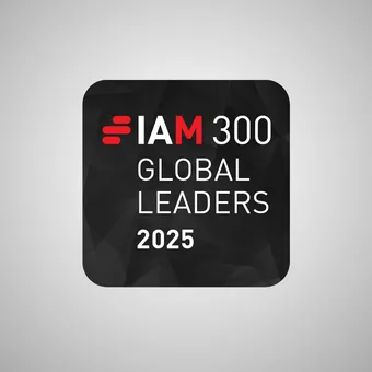 Black and red logo with "IAM 300 GLOBAL LEADERS 2025" on a dark geometric background, centred on a light grey gradient background.