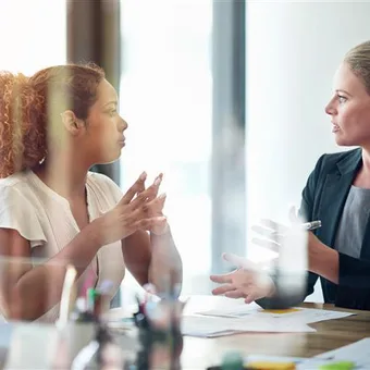 Two professionals seated across a desk in an office, engaged in a discussion; papers and stationery on the table with bright window light.