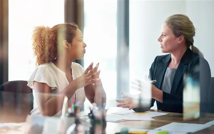 Two professionals seated across a desk in an office, engaged in a discussion; papers and stationery on the table with bright window light.