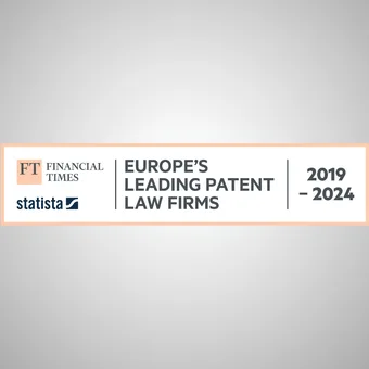 Résumé de l'image : Logo et titre indiquant les meilleures cabinets de brevets en Europe de 2019 à 2024, selon Statista, avec un fond gris clair.