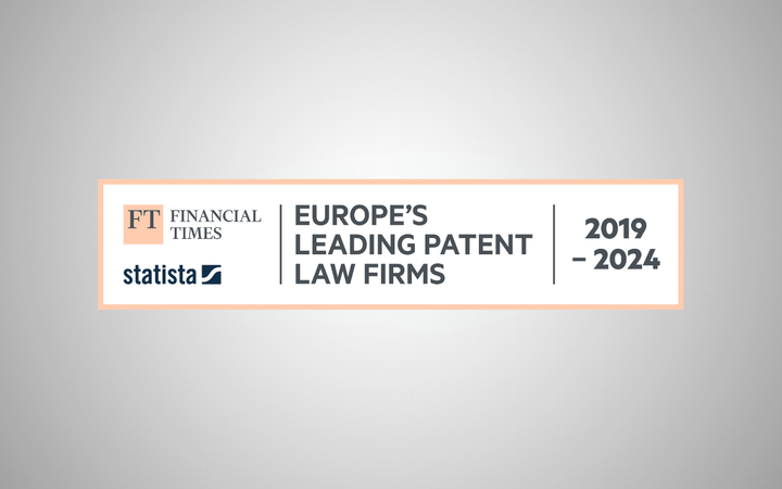 A graphic with logos and text highlighting Europe’s leading patent law firms from 2019 to 2024, presented in a rectangular layout on a grey background.