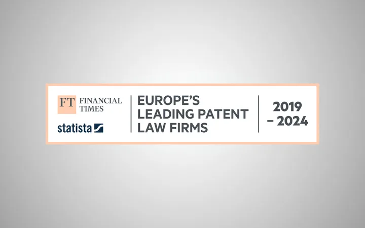 A graphic with logos and text highlighting Europe’s leading patent law firms from 2019 to 2024, presented in a rectangular layout on a grey background.