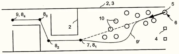 Diagram illustrating a mechanical or process flow with numbered components, lines representing connections or movements, and various symbols.
