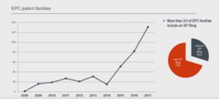 A line graph showing EPC patent families increasing sharply from 2014 onwards and a pie chart with segments labeled "More than 25 EPC families".