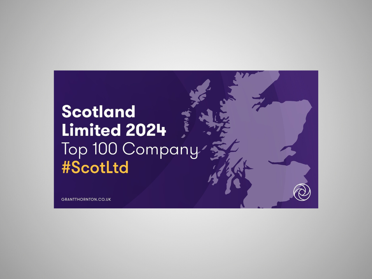 Map of Scotland with text indicating "Scotland Limited 2024, Top 100 Company #ScotLtd" and a website URL, on a purple background.