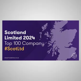 Map of Scotland with text indicating "Scotland Limited 2024, Top 100 Company #ScotLtd" and a website URL, on a purple background.