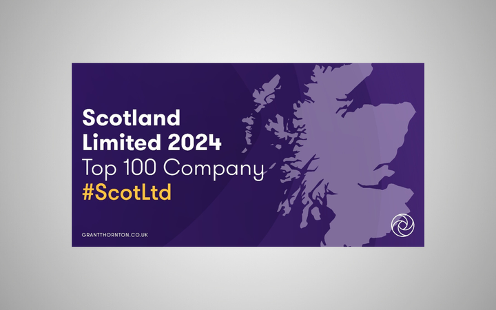 Map of Scotland with text indicating "Scotland Limited 2024, Top 100 Company #ScotLtd" and a website URL, on a purple background.