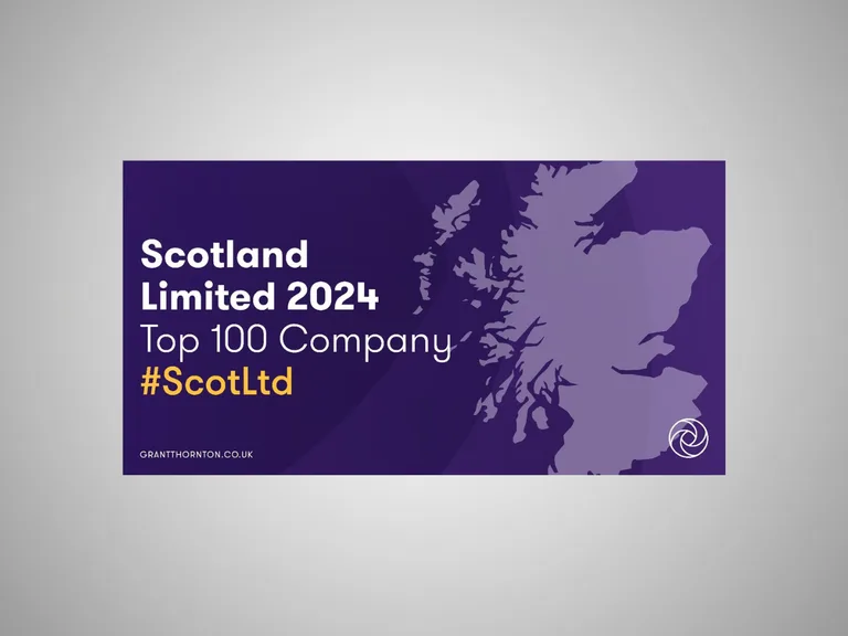 Map of Scotland with text indicating "Scotland Limited 2024, Top 100 Company #ScotLtd" and a website URL, on a purple background.