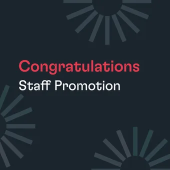 Congratulations on staff promotion with a dark background and geometric design elements in shades of grey and blue.
