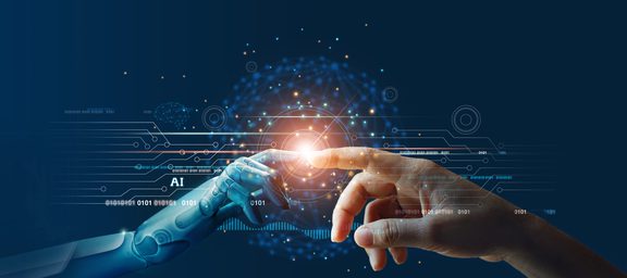 Human hand and robotic hand reach toward a glowing circular interface amid digital circuits on a dark blue background.
