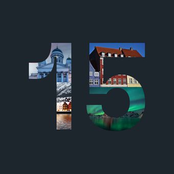 Number 15 with images of architecture, mountains, houses, and northern lights arranged inside the digits on a dark background.