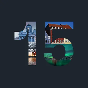 Number 15 with images of architecture, mountains, houses, and northern lights arranged inside the digits on a dark background.