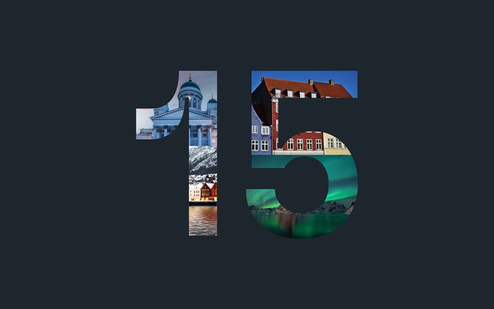 Number 15 with a collage of images inside, including a church, colorful houses, mountains, and the Northern Lights, on a dark background.