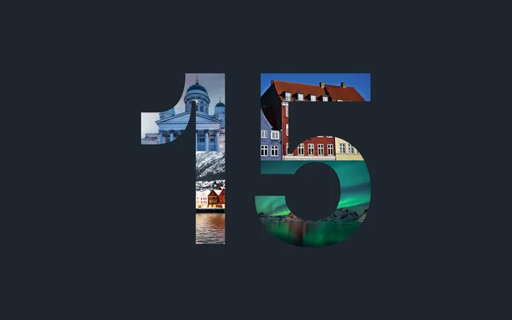 Number 15 with images of architecture, mountains, houses, and northern lights arranged inside the digits on a dark background.