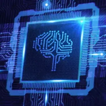 A digital illustration of a microchip with a brain symbol inside, surrounded by glowing circuit lines on a dark background.