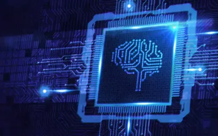 Digital brain icon connected to circuits on a computer chip, representing artificial intelligence and technological integration.