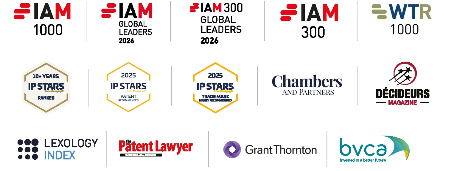 Grille de logos et récompenses professionnelles liées au droit: IAM, WTR, IP Stars, Chambers, Legal500 et autres labels.