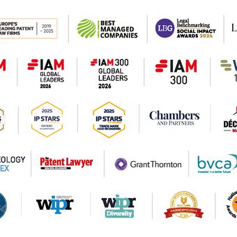 Logosammlung von Rechts- und IP-Auszeichnungen: IAM, WTR, Chambers & Partners, Lexology Index, Patent Lawyer, Grant Thornton, BVCA.