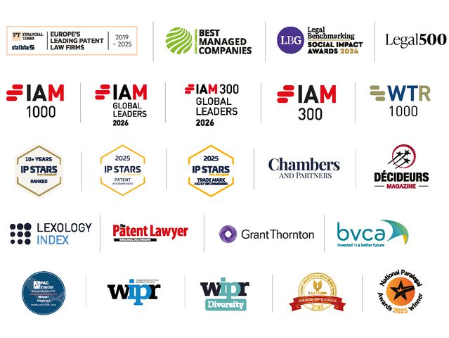 Griglia di loghi di premi e riconoscimenti aziendali, IAM, IP Stars, Chambers and Partners, Deciders, Lexology, Grant Thornton, BVCA e WIPR.